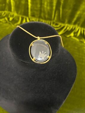 Vintage Napier Gold Toned EtchedButterfly Glass Pendant Necklace - Women Jewelry